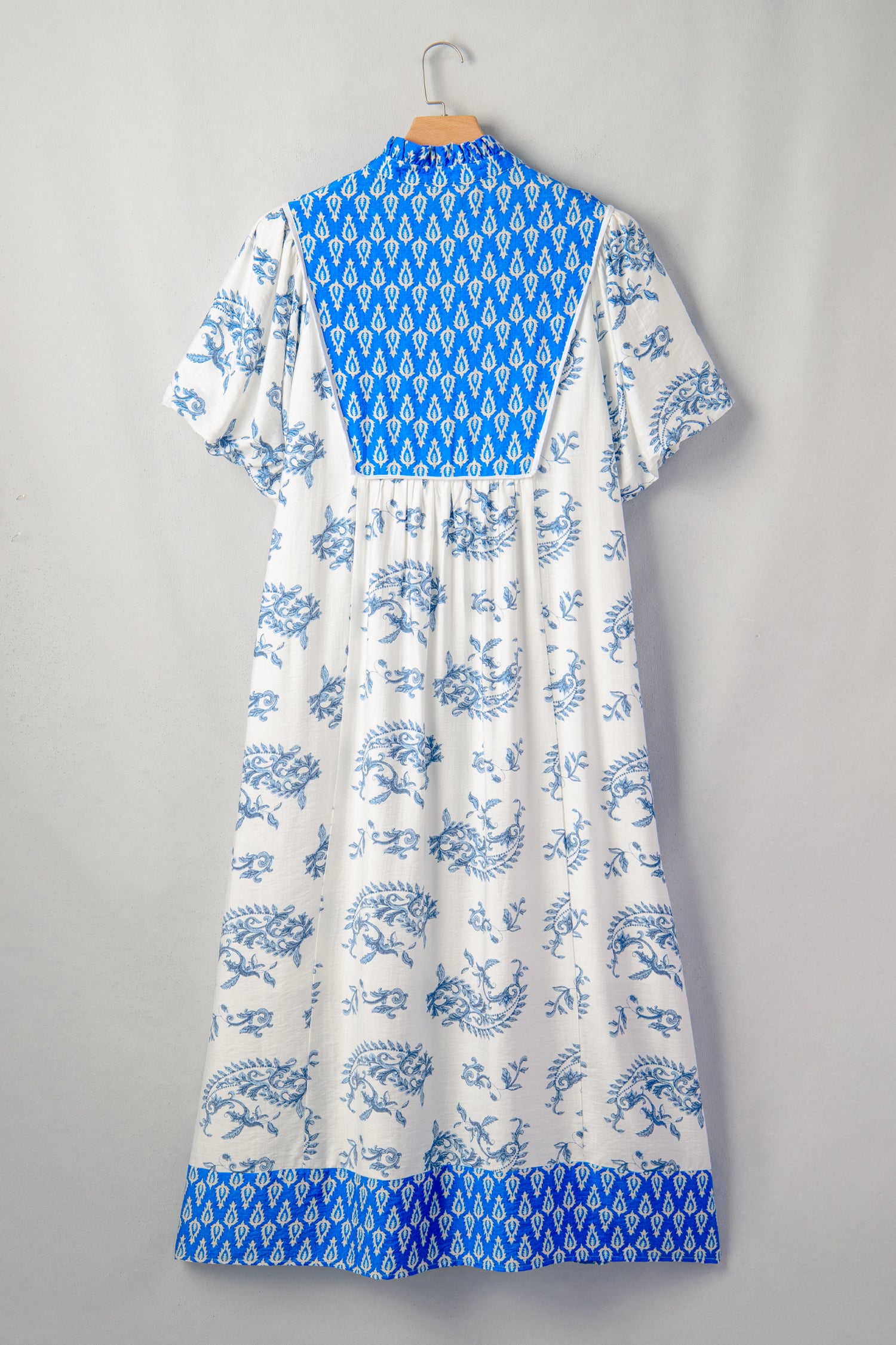Sky Blue  Plus Size Floral Print Contrast Boho Patchwork V Neck Loose Midi Dress