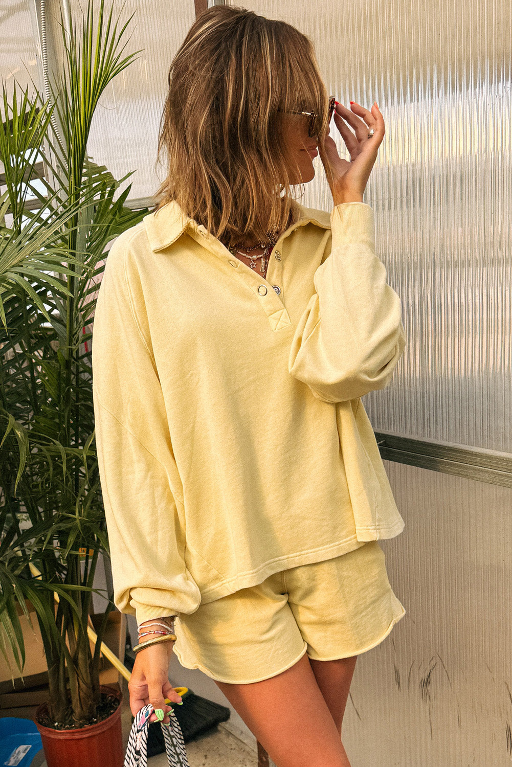 Yellow Cream Button‑Collar Set