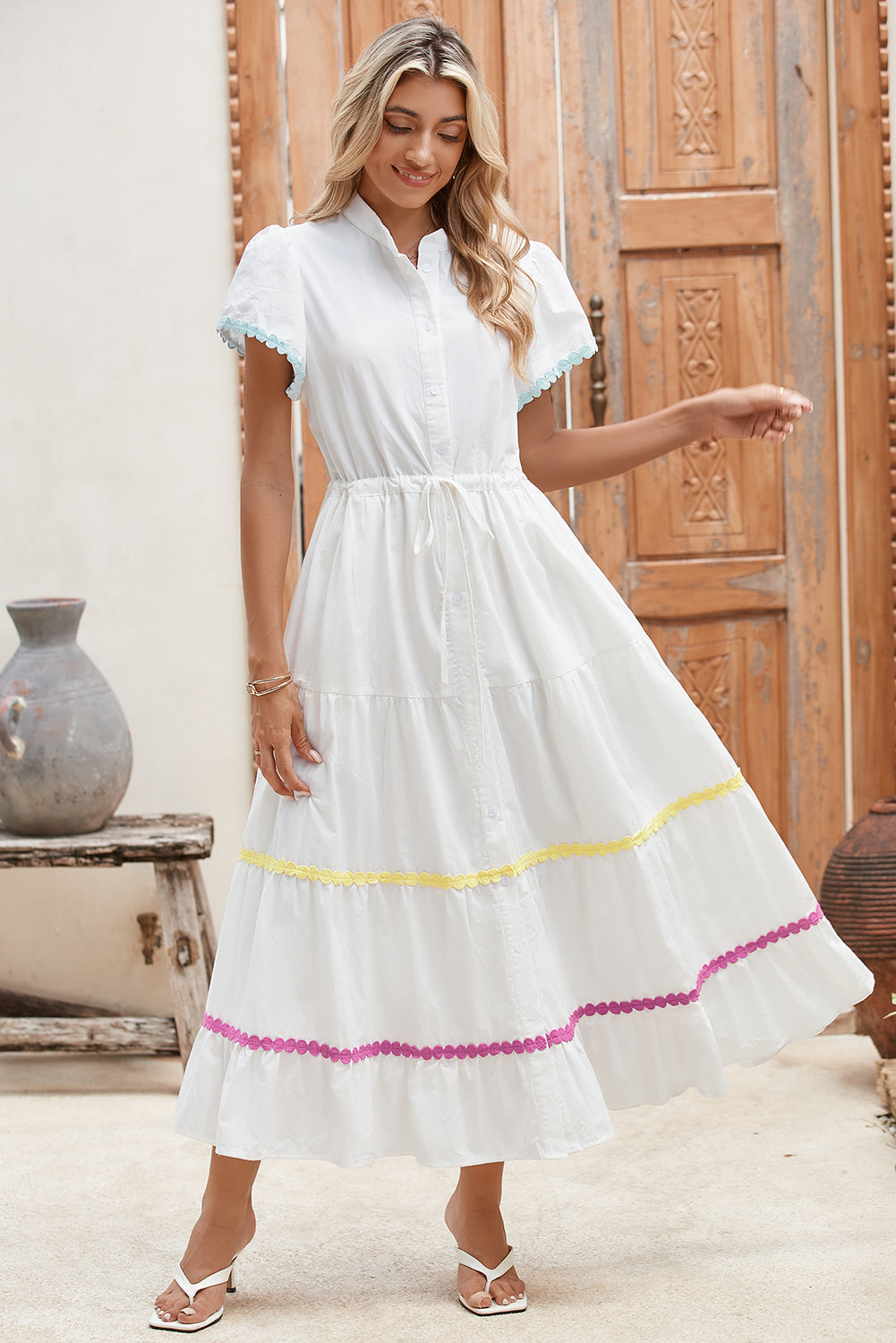 White High Waist Tiered Shirt Dress