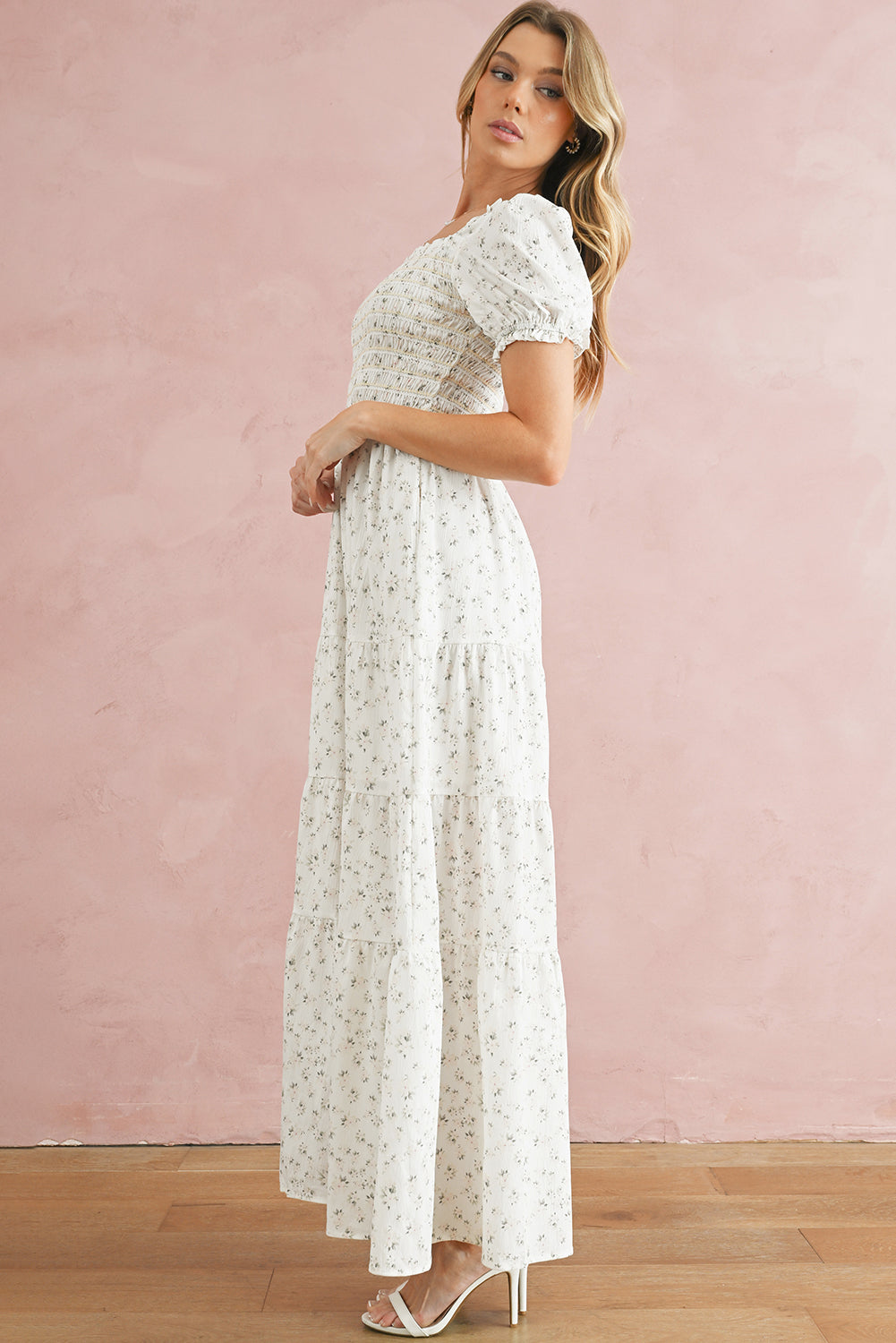 White Frill Neckline Shirred Floral Maxi
