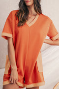 Russet Orange V‑Neck Pocket Romper