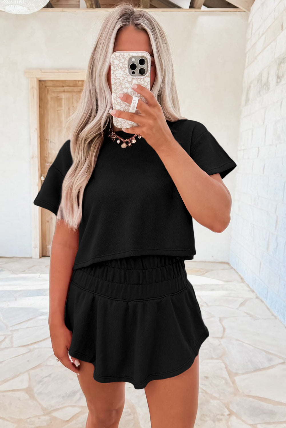 Black Cropped Tee & Ruffle Skort Set