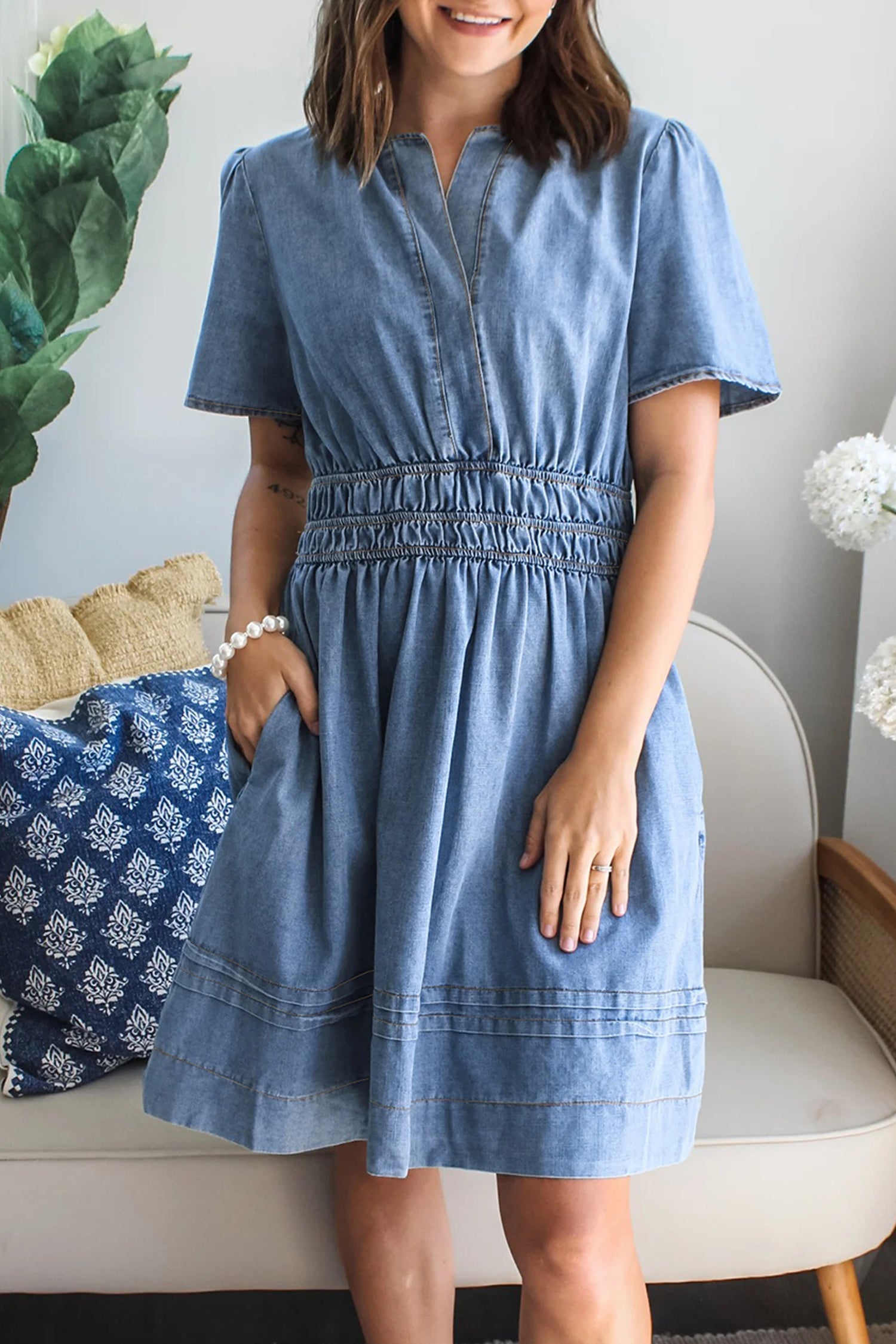 Myosotis Elastic Waist Denim Mini Dress