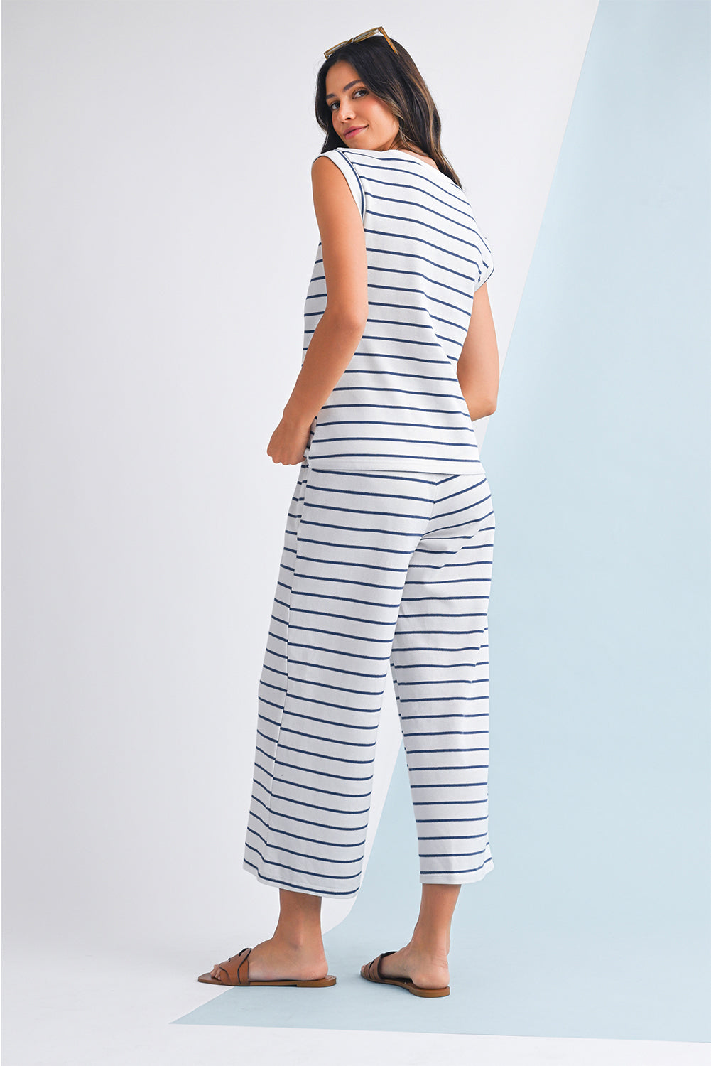Sail Blue Striped Tee & Wide‑Leg Pants Set