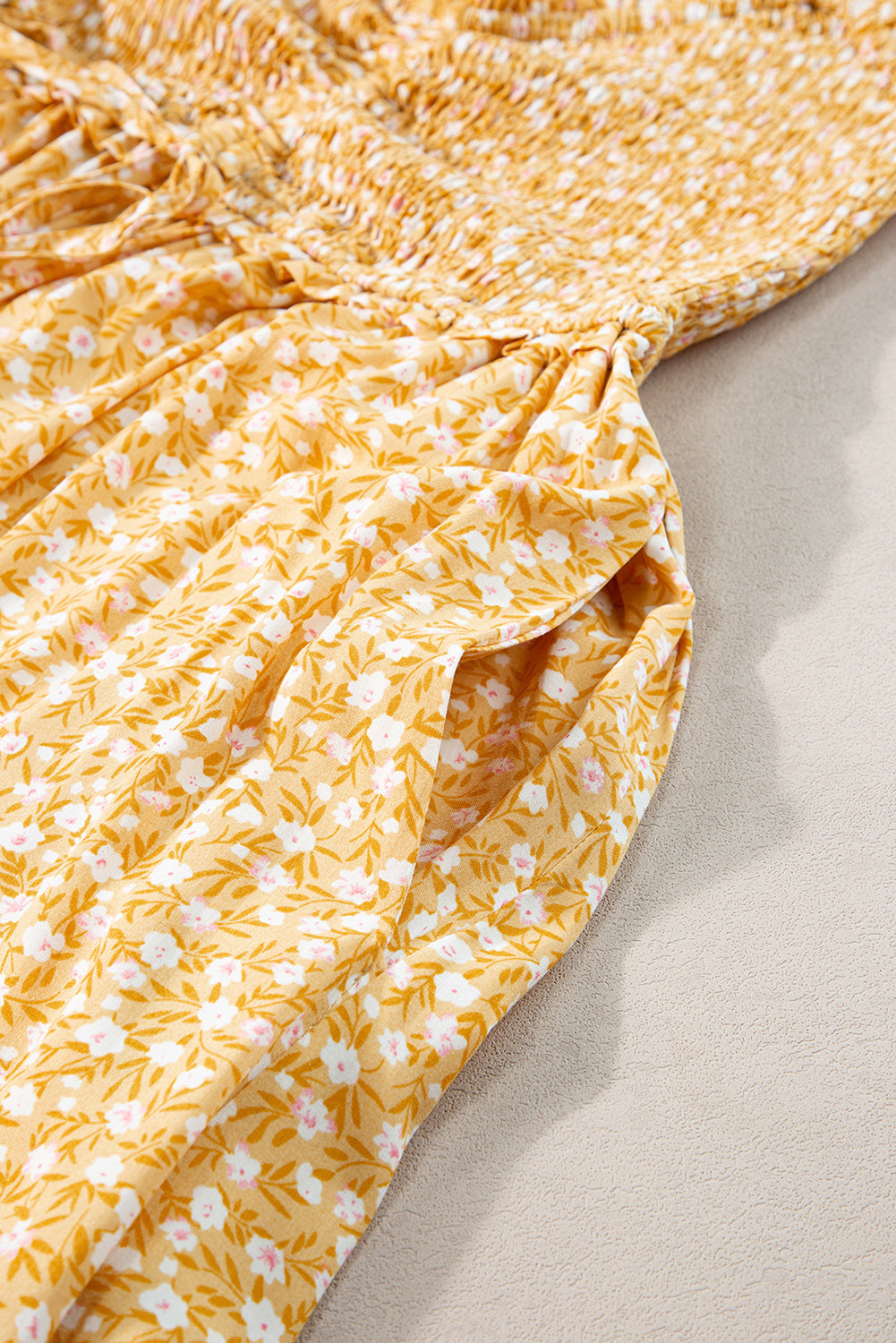 Yellow Frilly Smocked Floral Maxi Dress