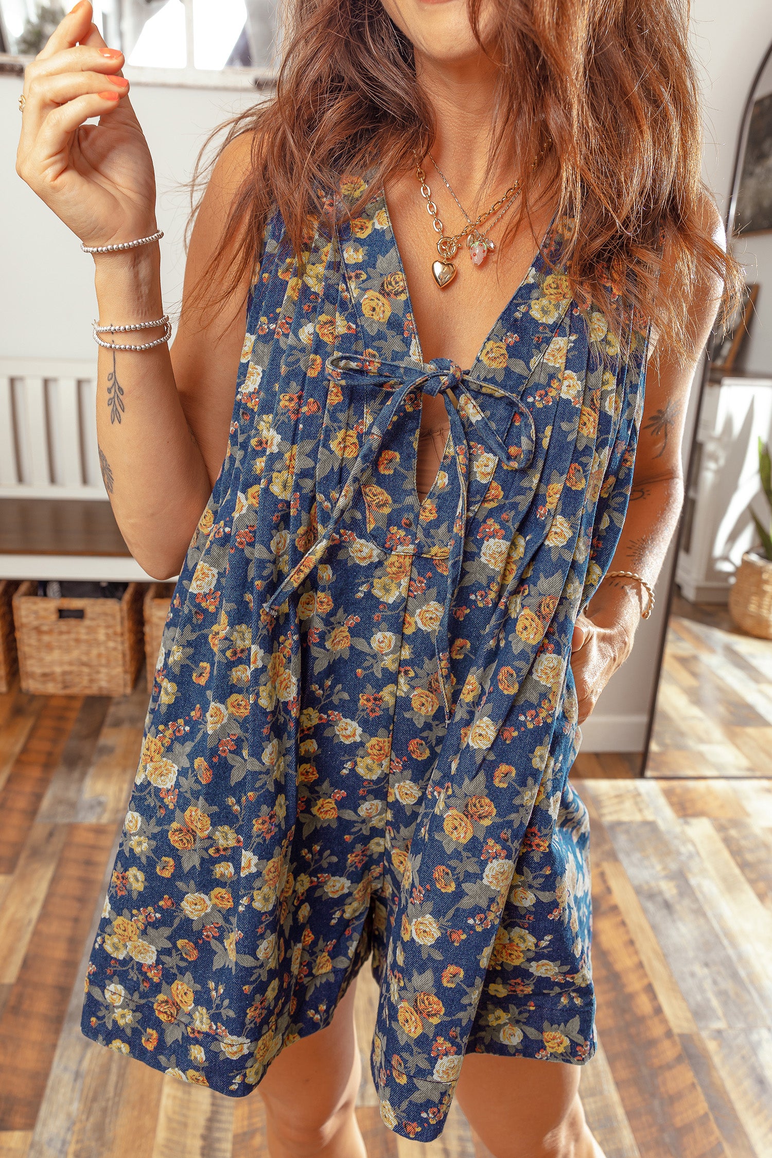 The Blue Bloom Bow‑Tie Denim Romper