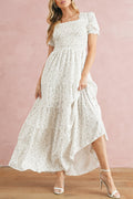 White Frill Neckline Shirred Floral Maxi