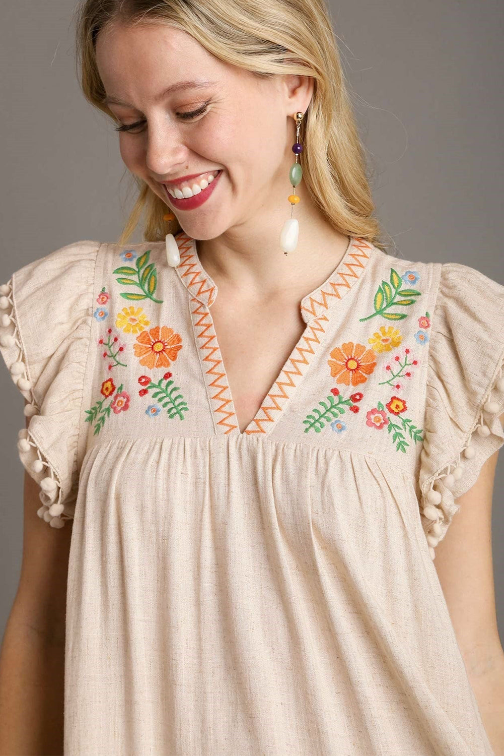 Jet Stream Embroidered Pom Pom Ruffle Dress