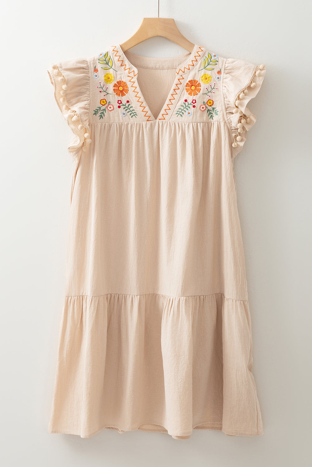 Jet Stream Embroidered Pom Pom Ruffle Dress