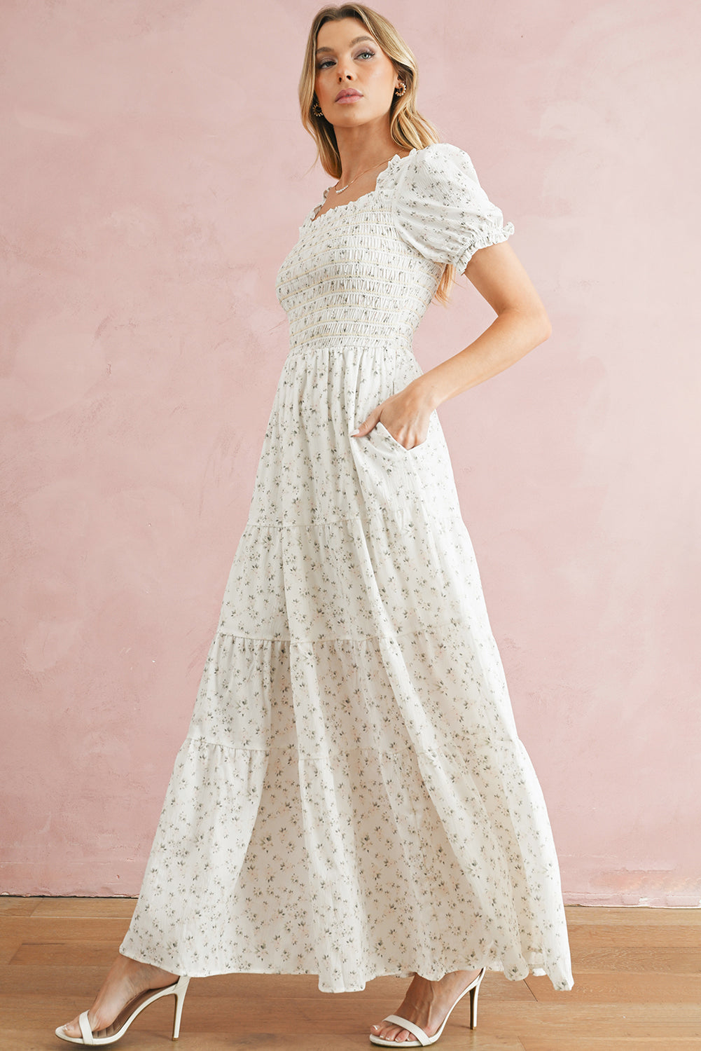White Frill Neckline Shirred Floral Maxi
