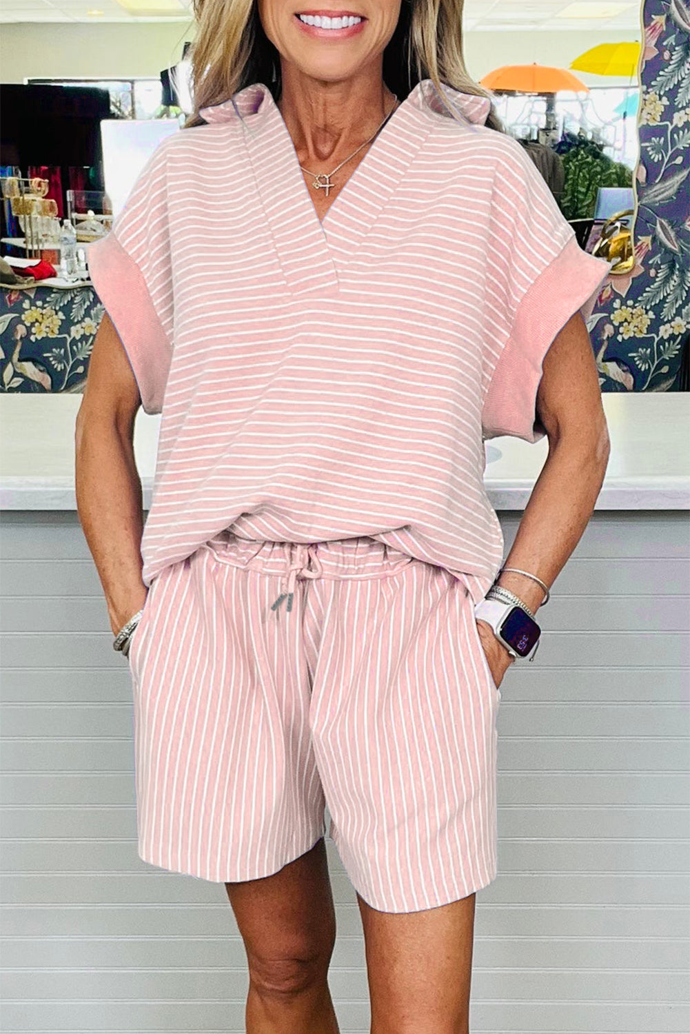 Pink Stripe Dolman Sleeve Polo Shirt and Drawstring Shorts Set