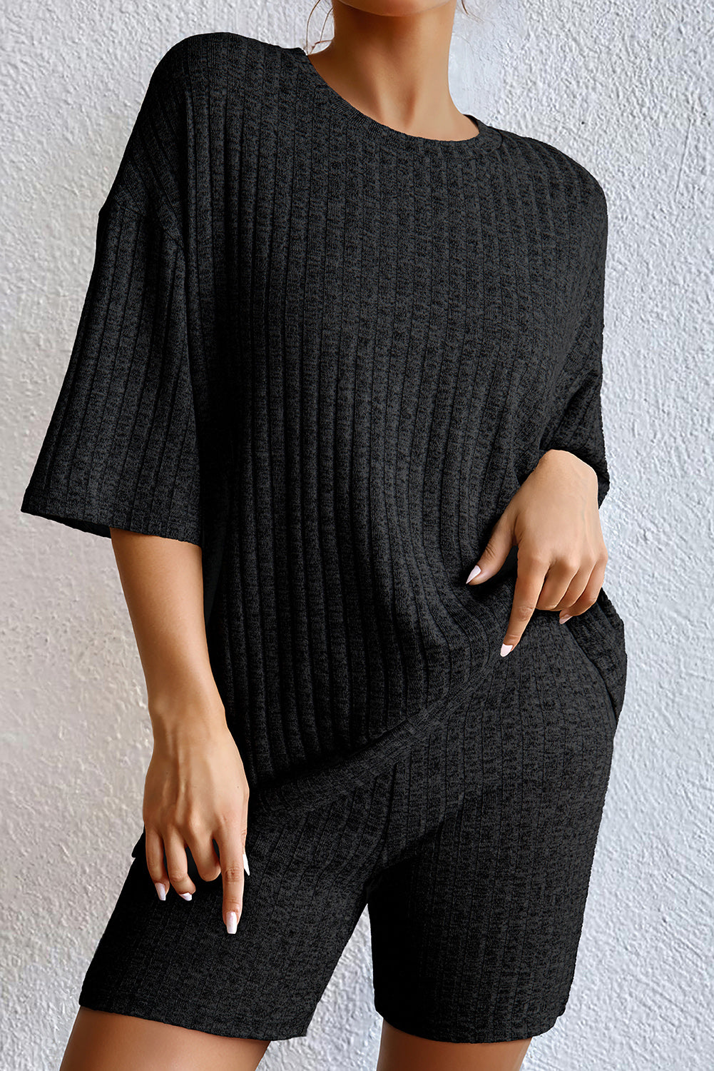 Black Ribbed Tee & Slim Shorts Set