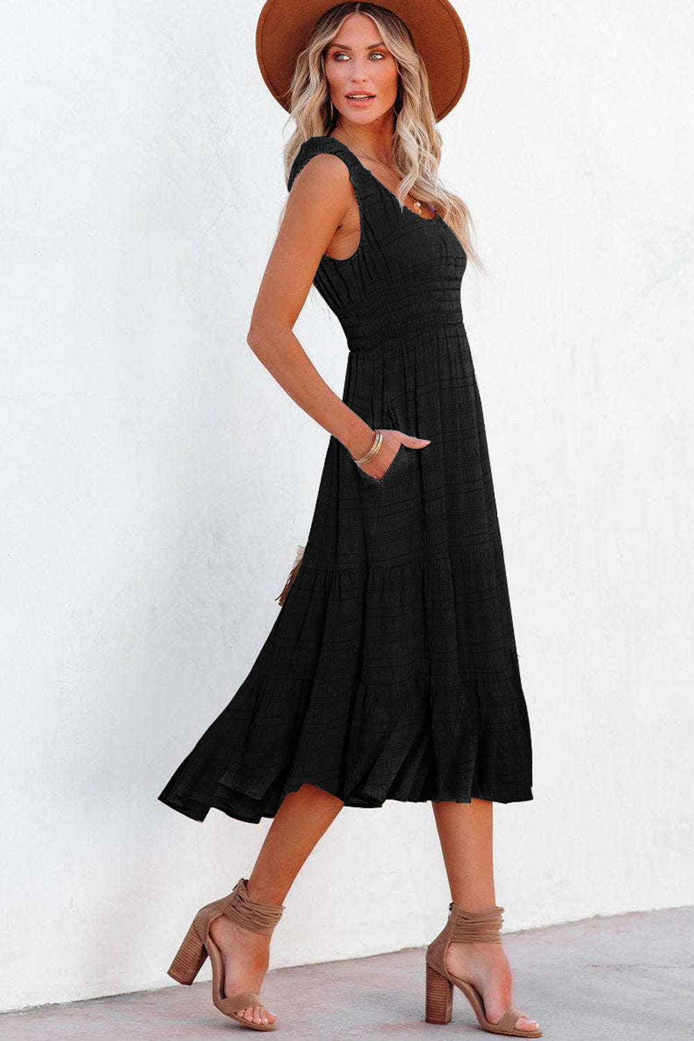 Black Shirred Pleated Square Neck Midi Dress