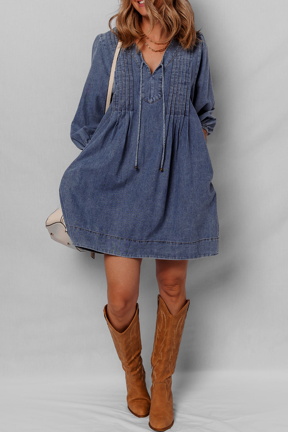 Blue Pleated V‑Neck Denim Mini Dress