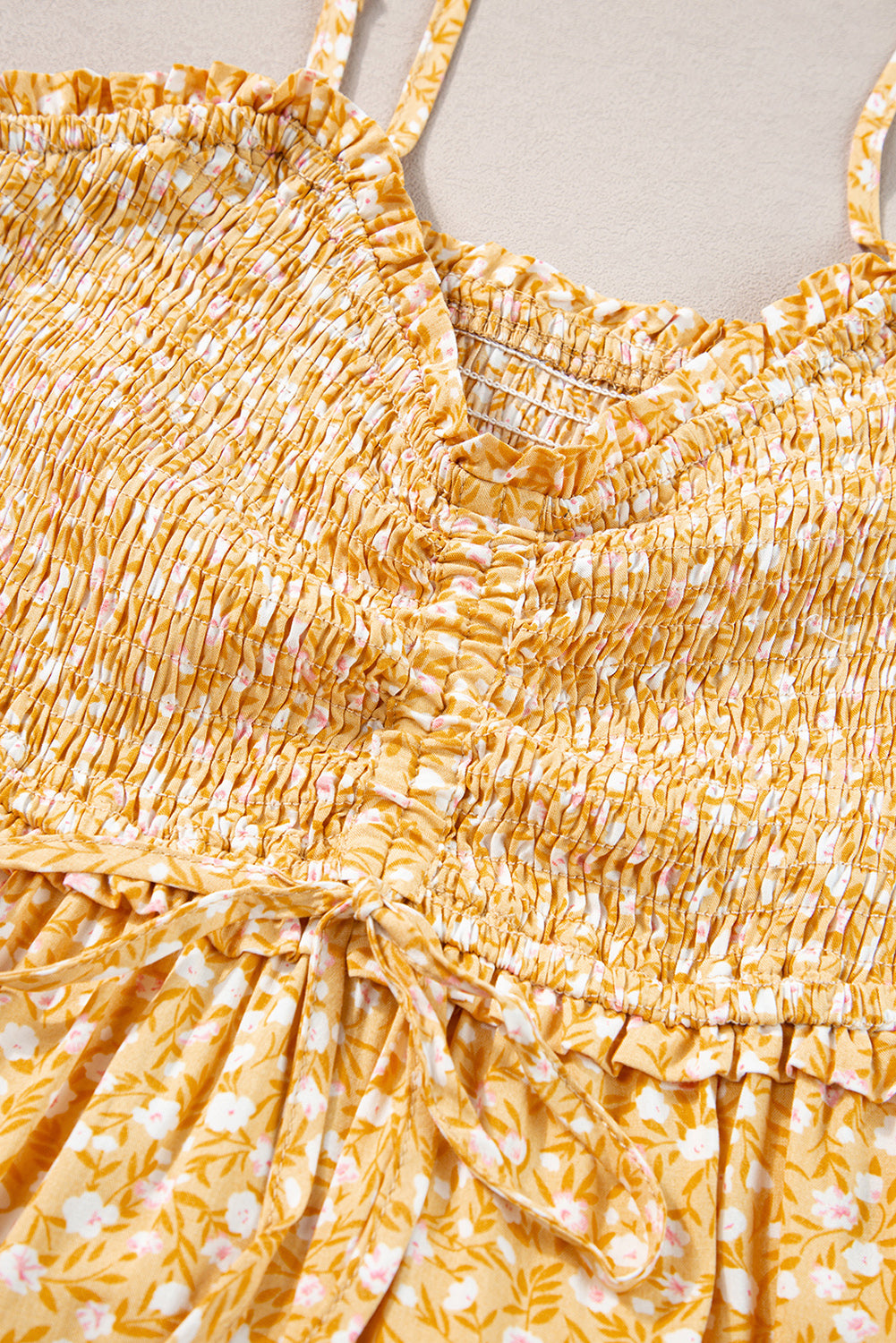 Yellow Frilly Smocked Floral Maxi Dress