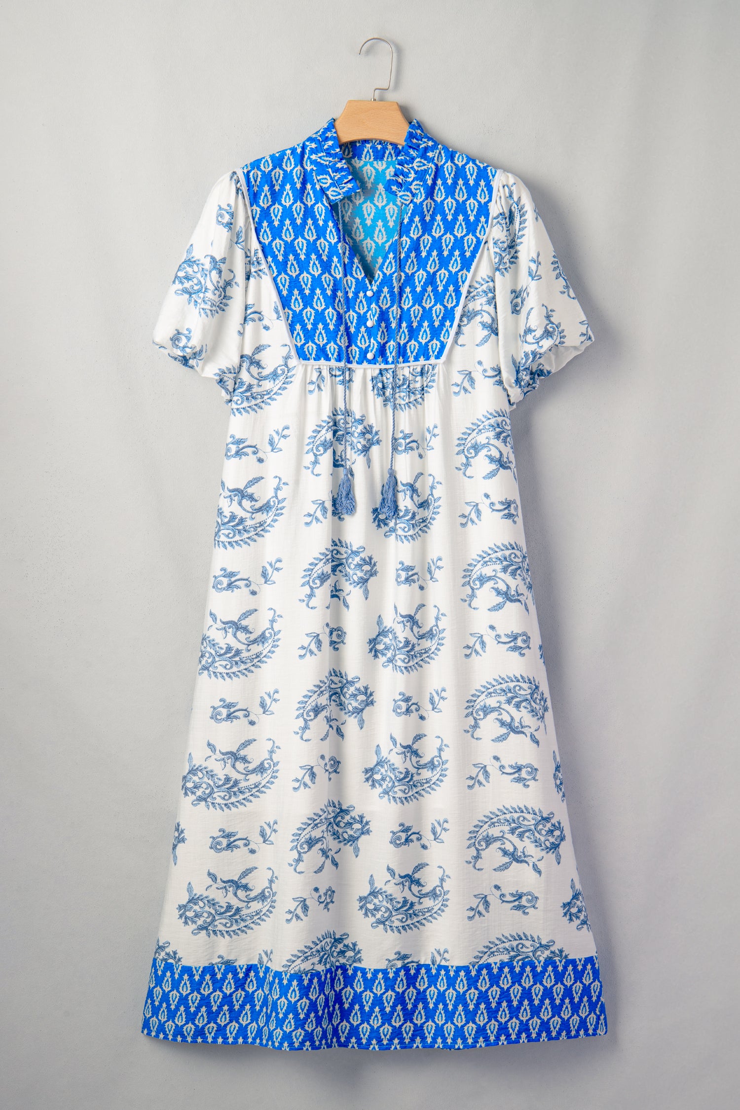 Sky Blue  Plus Size Floral Print Contrast Boho Patchwork V Neck Loose Midi Dress