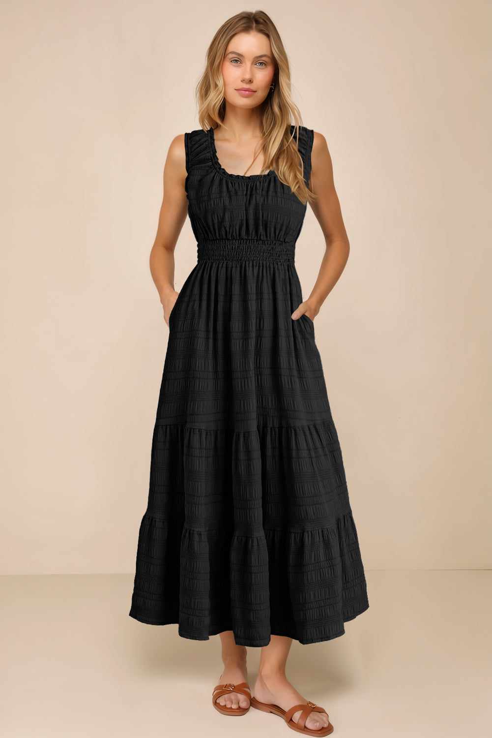 Black Shirred Pleated Square Neck Midi Dress