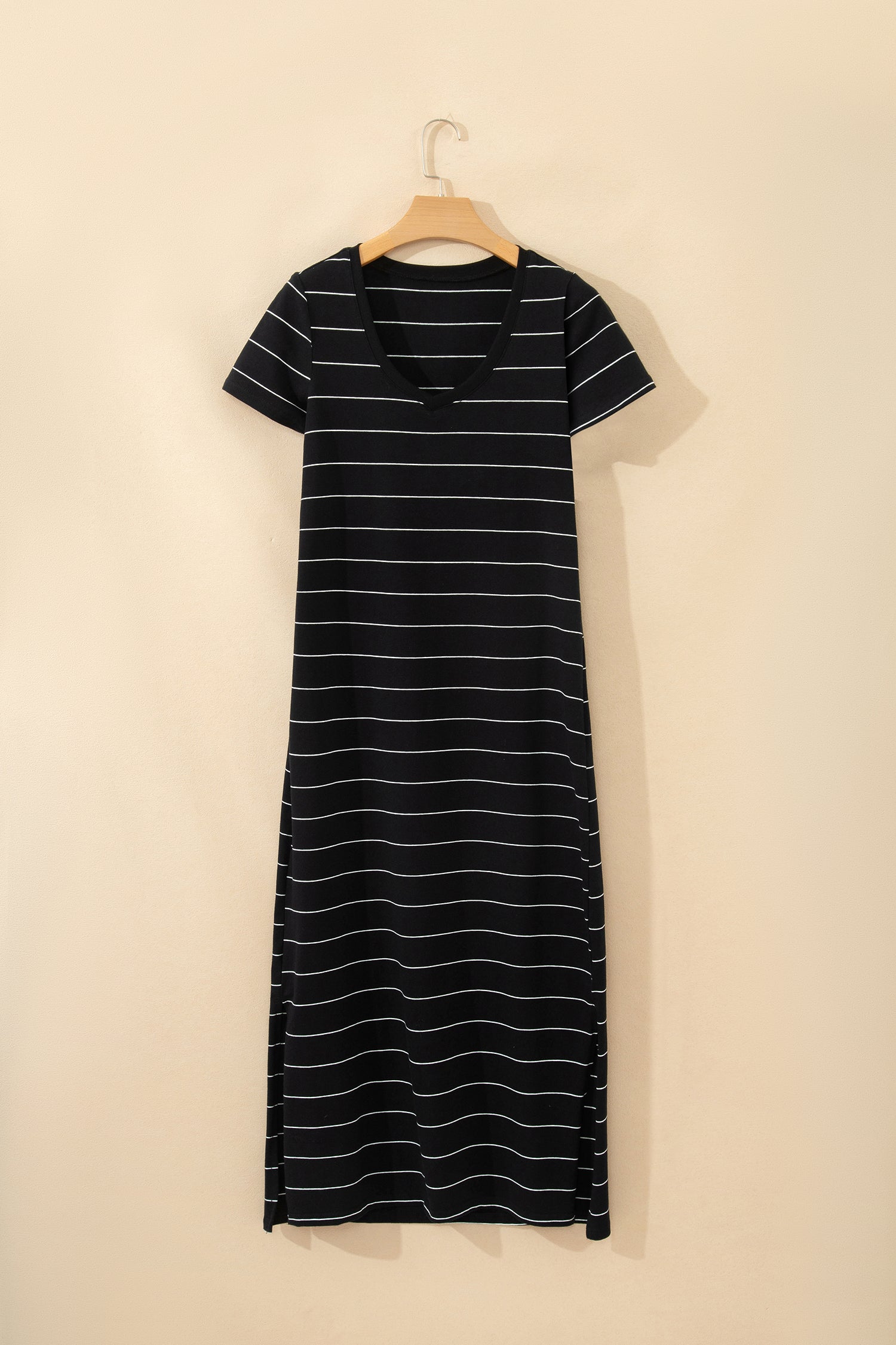 Black Stripe Casual Side Slit Maxi T‑Shirt Dress