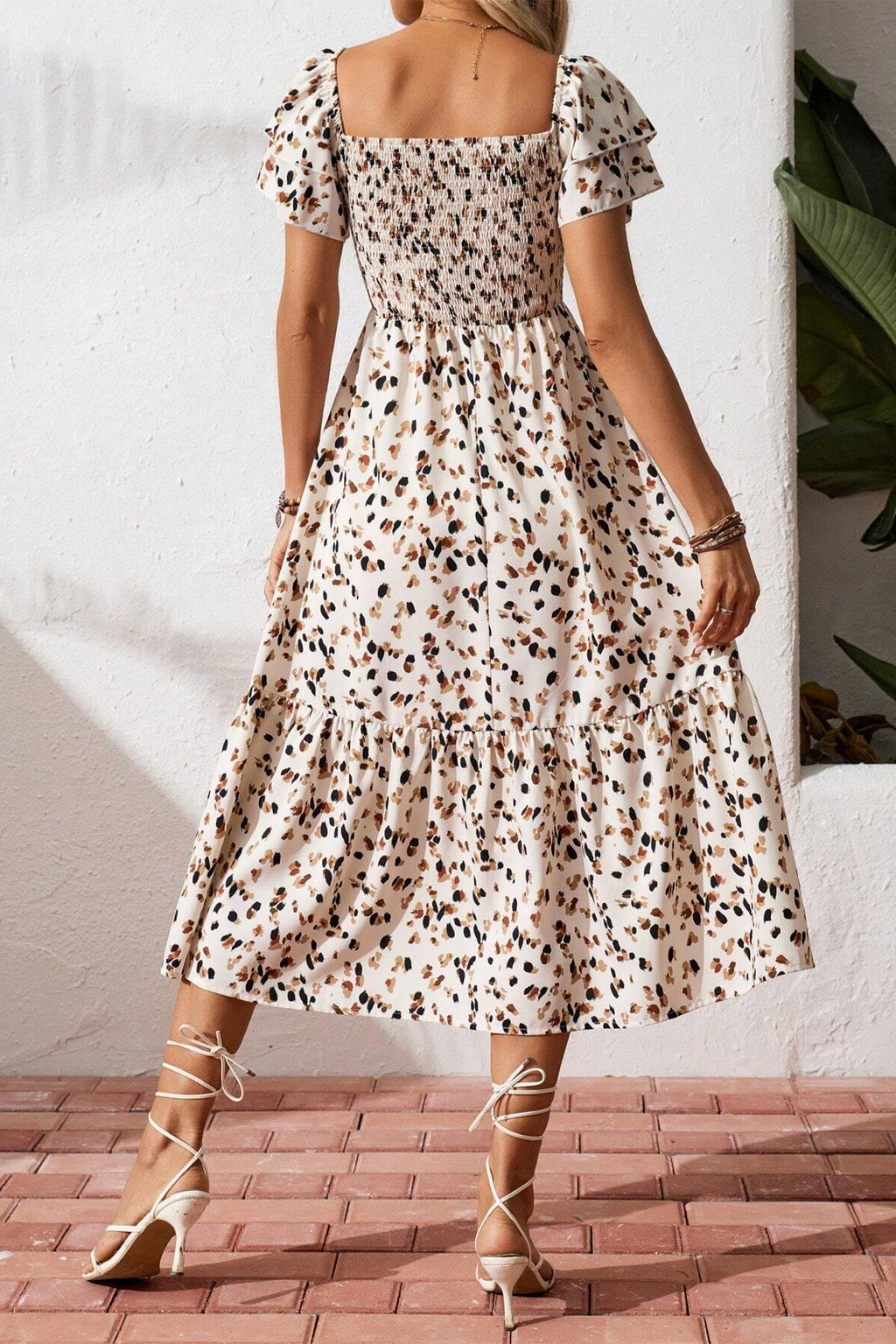 Beige Ditsy Floral Smocked Midi Dress