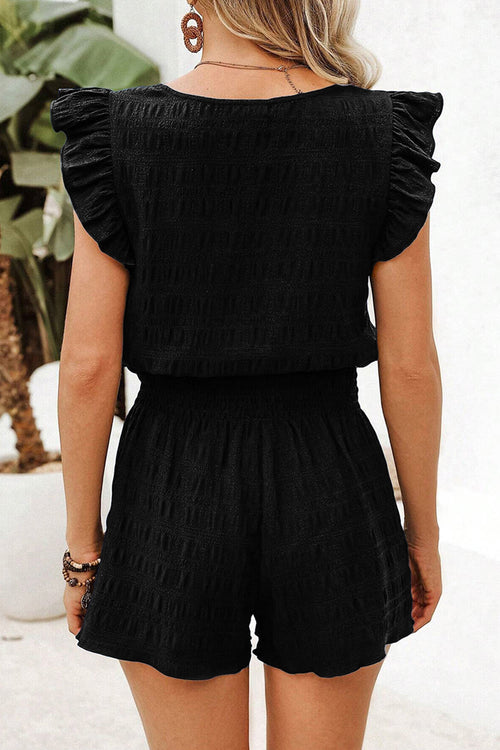 Black Textured Square‑Neck Shorts Set