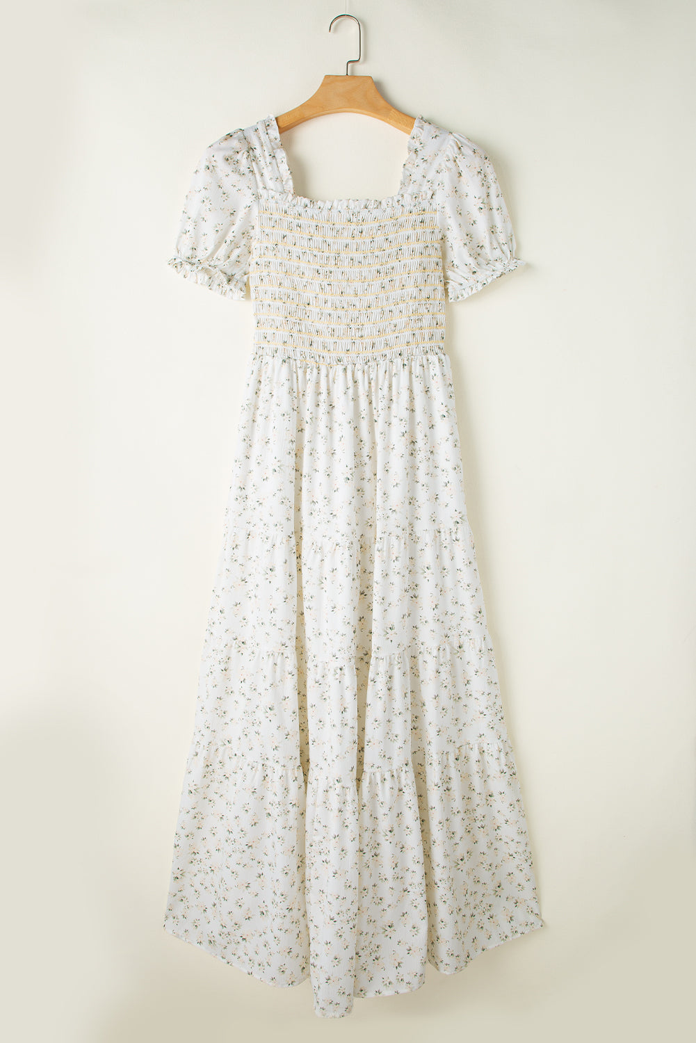 White Frill Neckline Shirred Floral Maxi
