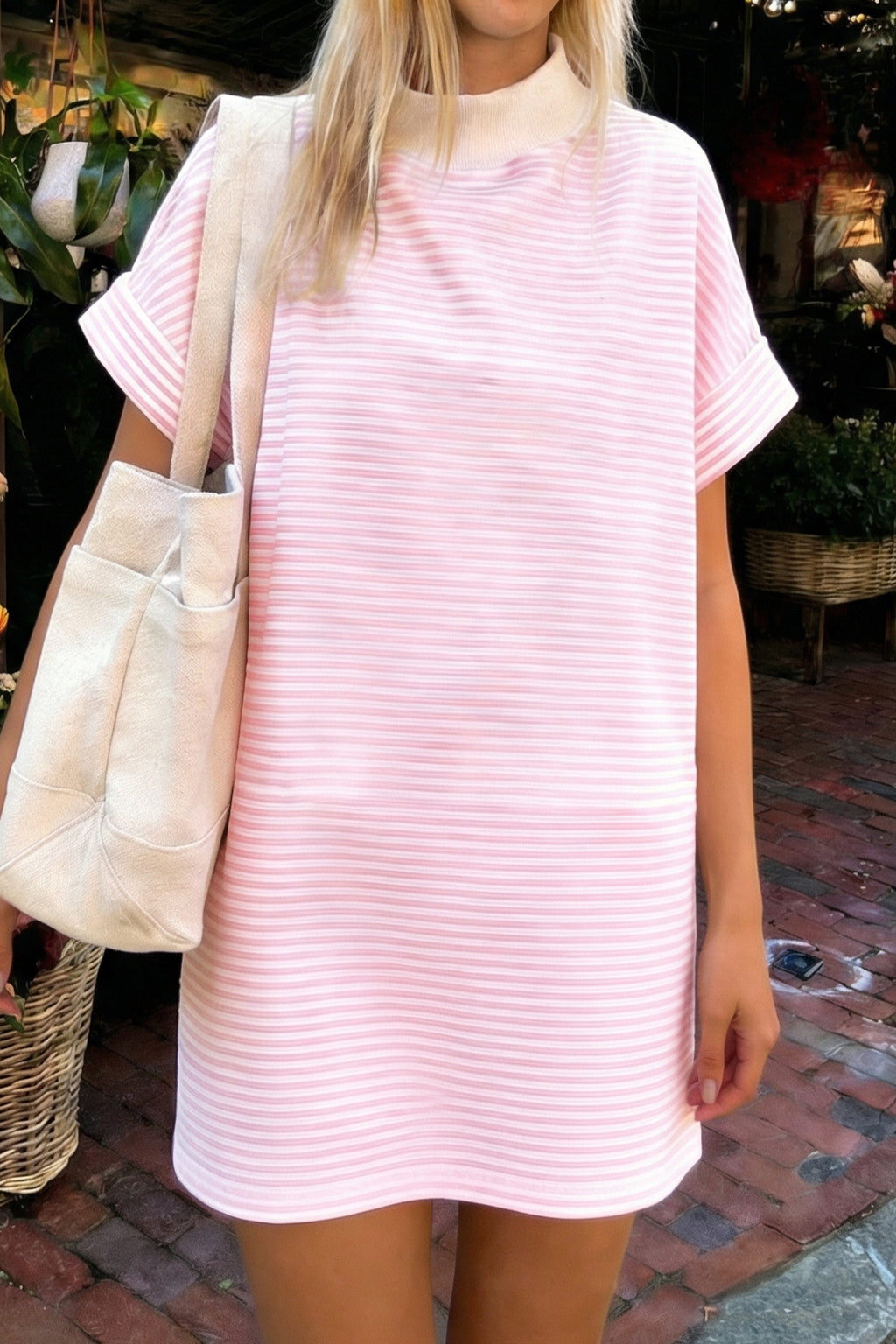 Pink Stripe Contrast Mock Neck Tee Dress