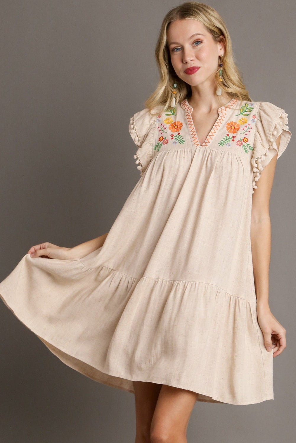 Jet Stream Embroidered Pom Pom Ruffle Dress