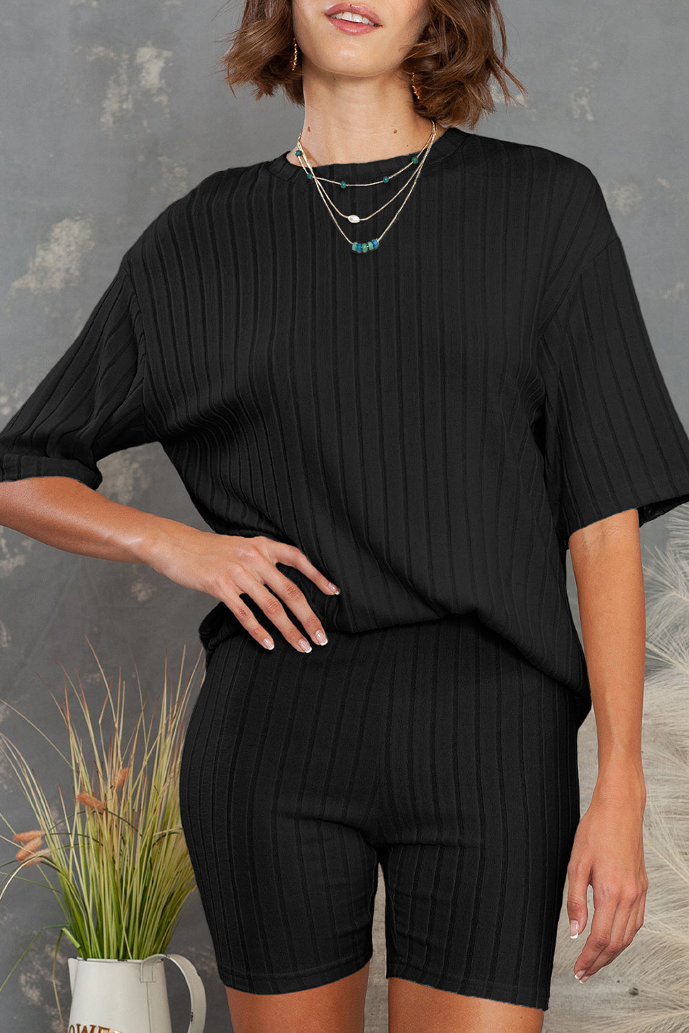 Black Ribbed Tee & Slim Shorts Set