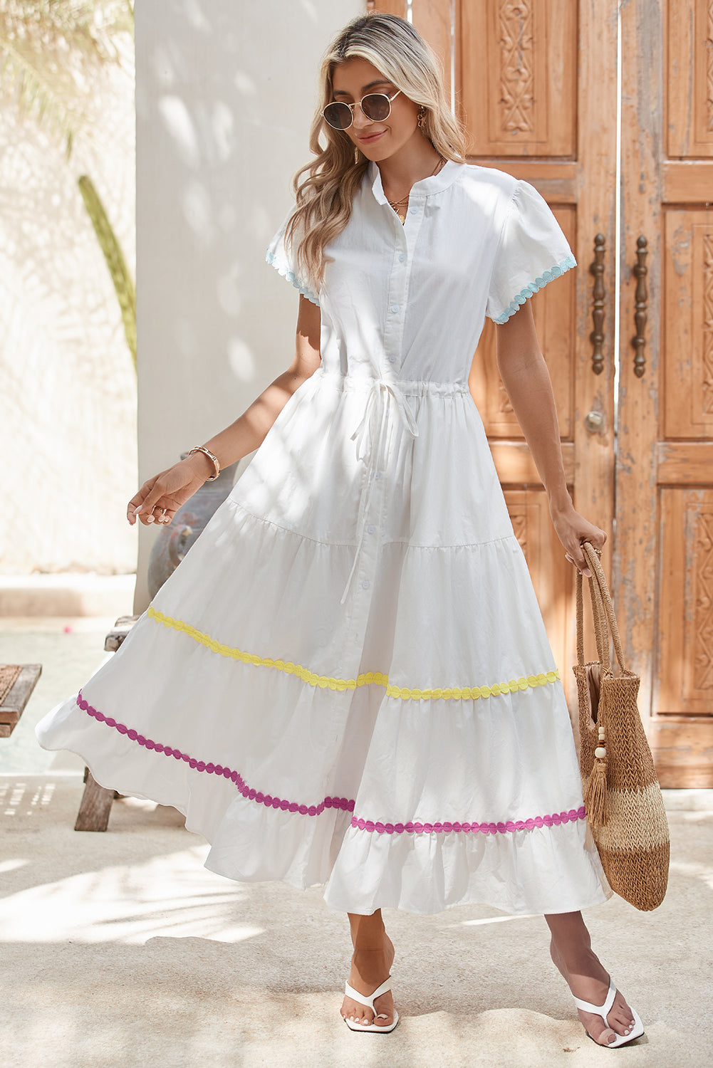 White High Waist Tiered Shirt Dress