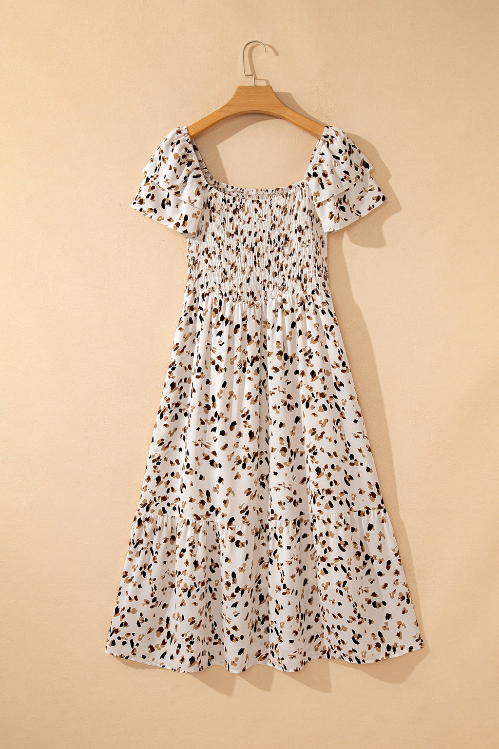 Beige Ditsy Floral Smocked Midi Dress