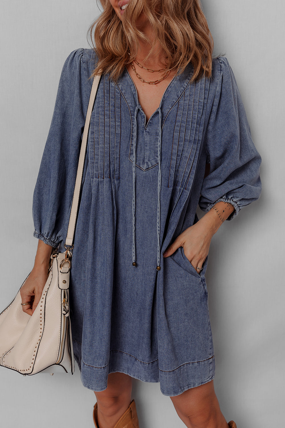 Blue Pleated V‑Neck Denim Mini Dress