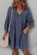 Blue Pleated V‑Neck Denim Mini Dress