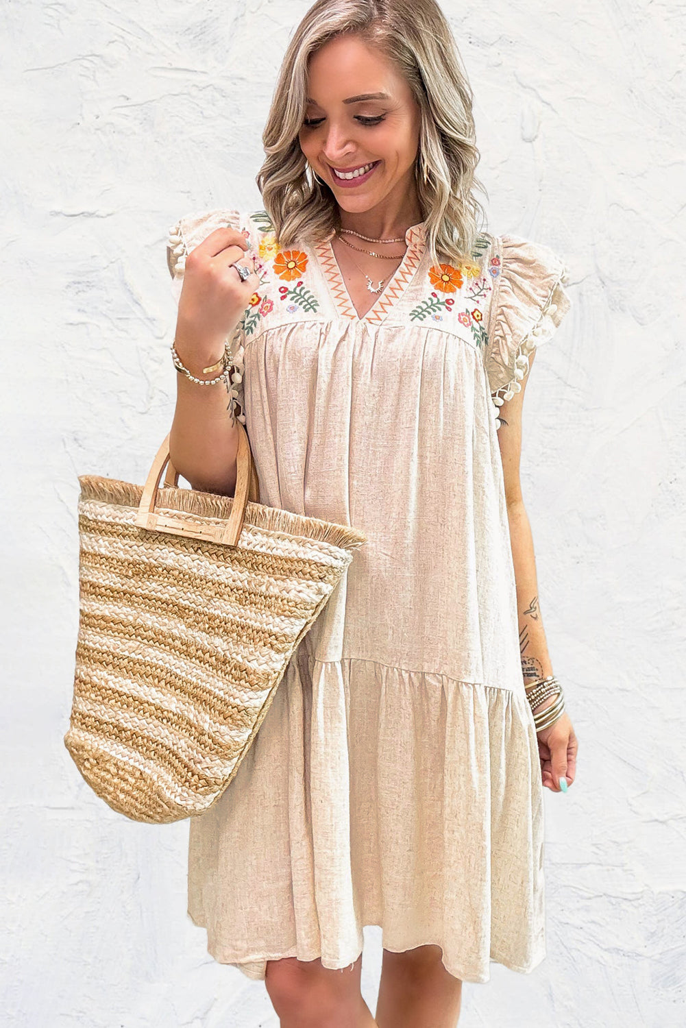 Jet Stream Embroidered Pom Pom Ruffle Dress