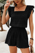 Black Textured Square‑Neck Shorts Set