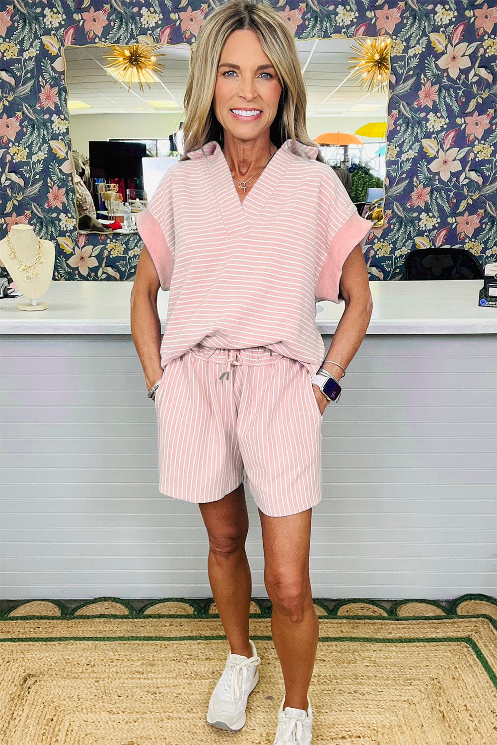 Pink Stripe Polo Tee & Shorts Set