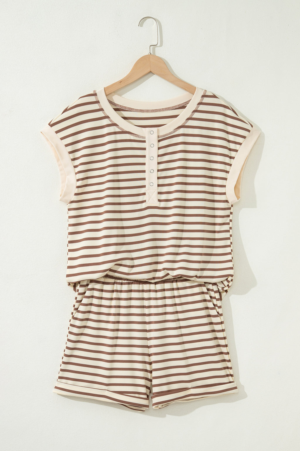 Brown Stripe Button Top & Shorts Set