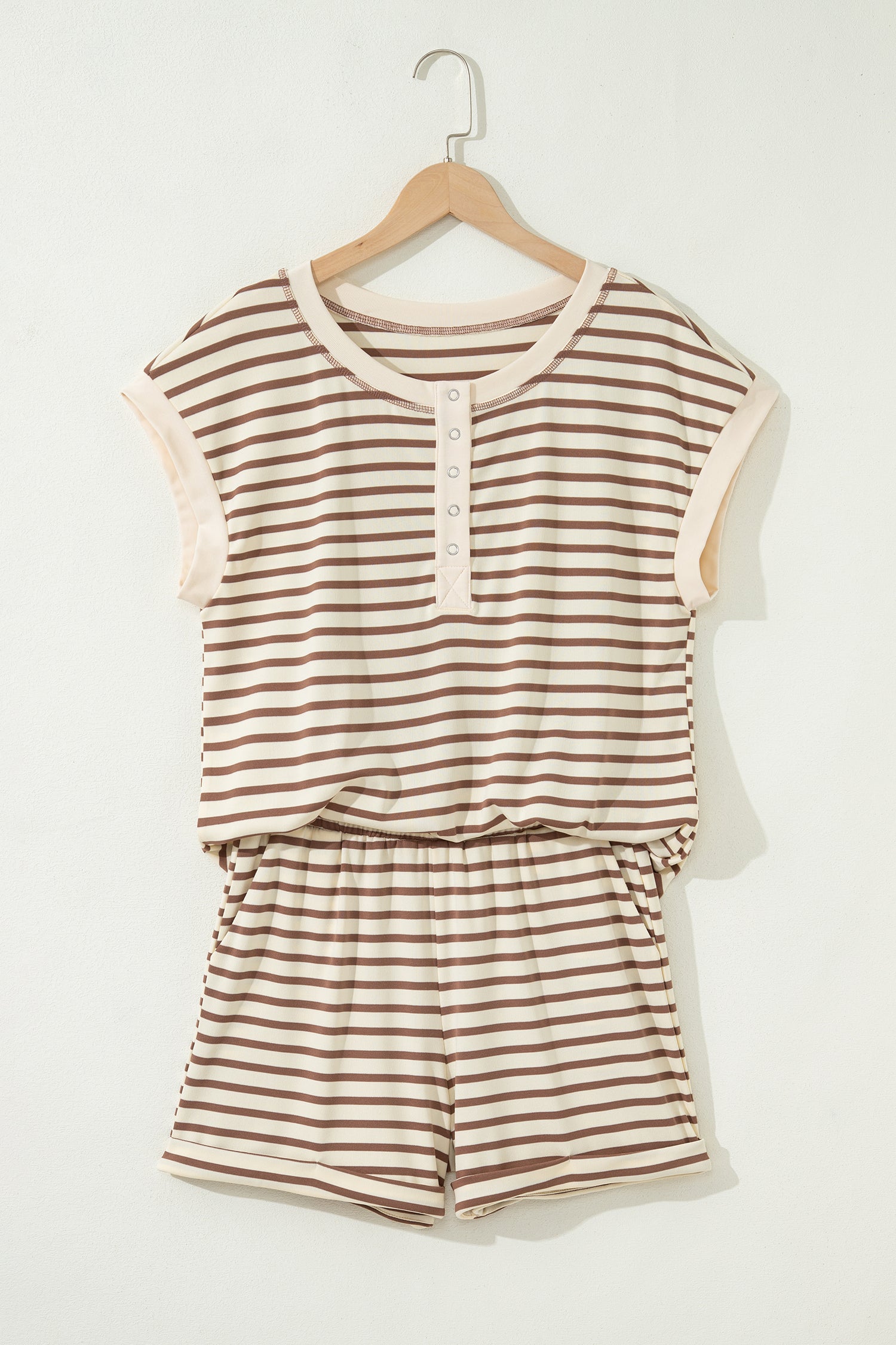 Brown Stripe Button Top & Shorts Set