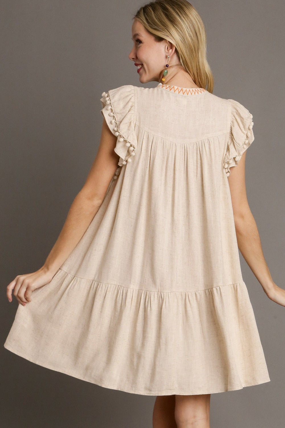 Jet Stream Embroidered Pom Pom Ruffle Dress