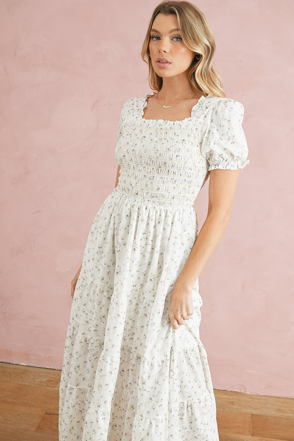 White Frill Neckline Shirred Floral Maxi