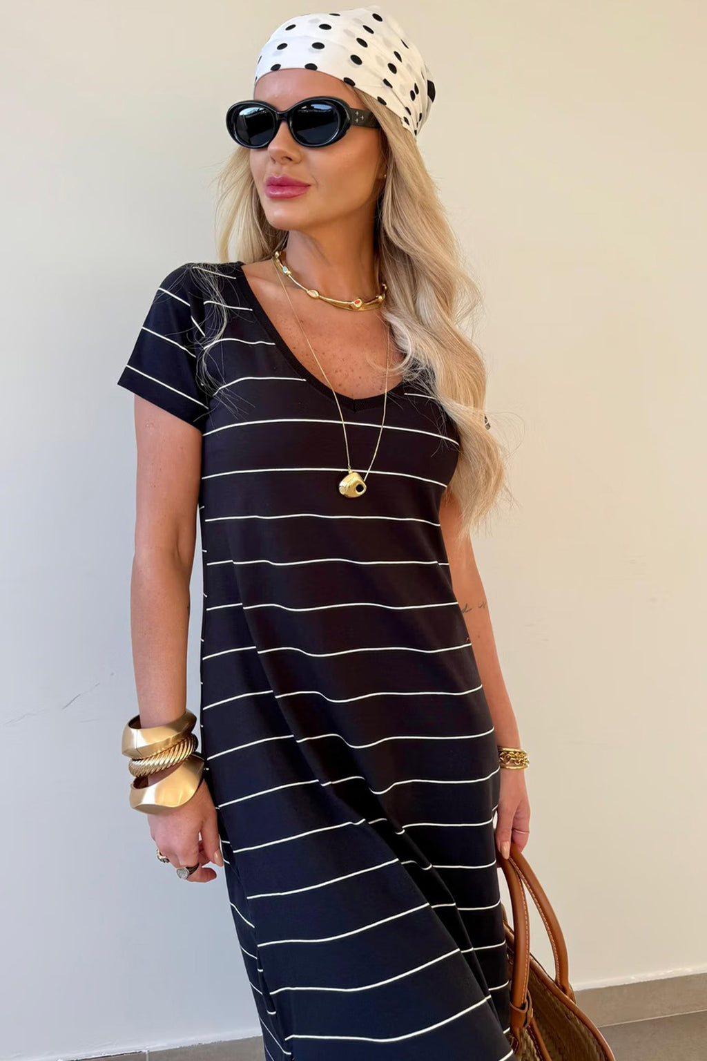 Black Stripe Casual Side Slit Maxi T‑Shirt Dress