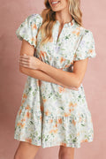 Beige Floral Smocked Puff Sleeve Mini Dres
