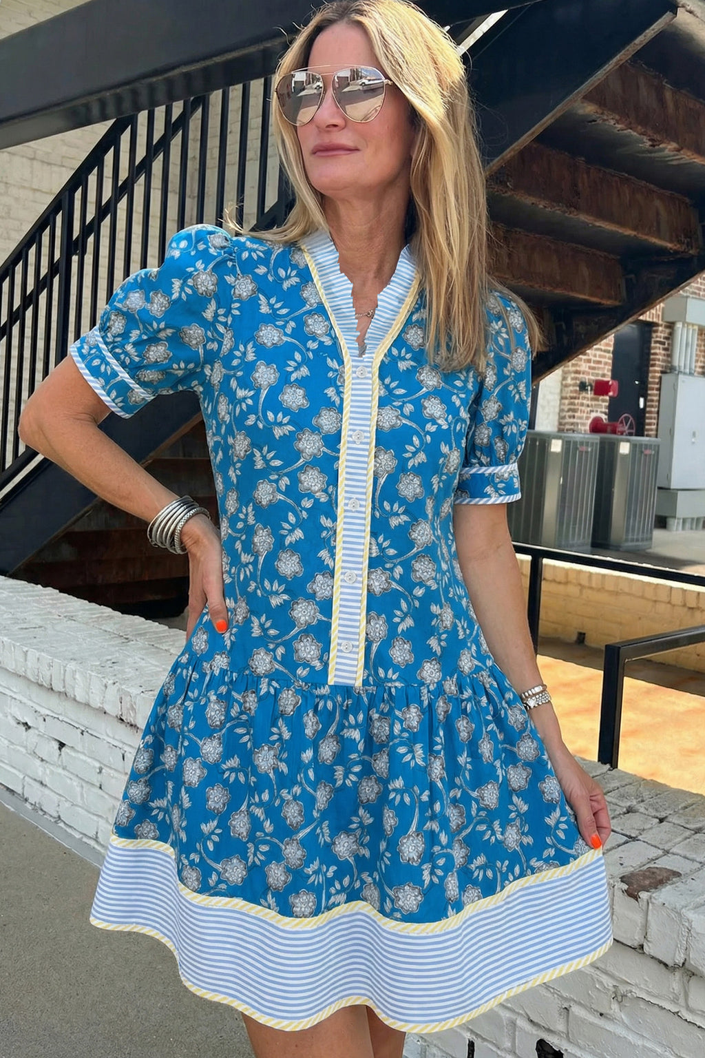 Blue Striped Trim Floral Short Sleeve Dress